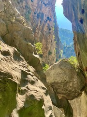 Journey between rocks. Falling stone in a mountain river