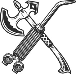 Vintage monochrome viking battle axe wooden handle crossed with gas welding torch repair tool from new construction isolated illustration