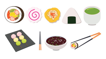 Bundle Japanese food con with sushi, dango, onigiri, soy sauce and green tea.