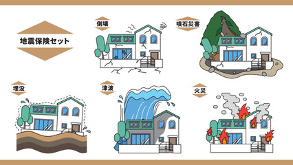 Obraz premium 地震保険が適用される範囲内の戸建住宅が災害を受けているセットイラスト