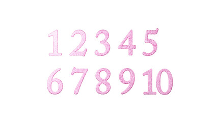 1，2，3，4，5，6，7，8，9，10の数字のセット。ピンク色のキラキラした数字。ラメ生地 - obrazy, fototapety, plakaty