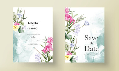 beautiful watercolor flower and leaves wedding invitation card