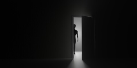 Dark room with silhouette of human peeking behind open door with light. 3D rendering illustration