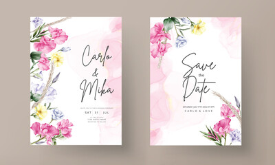 beautiful watercolor flower and leaves wedding invitation card