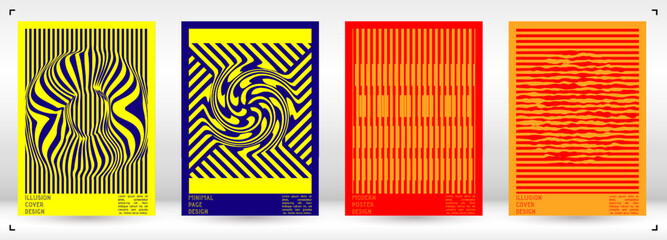 Geometrical Poster Design with Optical Illusion Effect.  Modern Psychedelic Cover Page Collection. Colourful Wave Lines Background. Fluid Stripes Art. Swiss Design. Vector Illustration for Brochure.