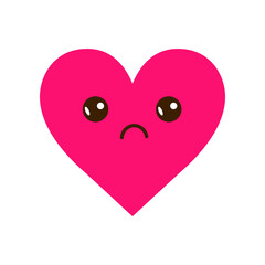 Upset heart cartoon character flat vector illustration. Cartoon drawing of sad or unhappy comic heart with face on white background. Love, breakup, emotions concept