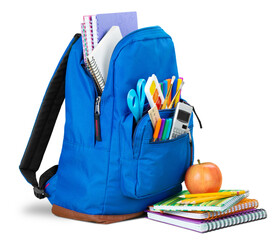 Classic school backpack with colorful school supplies and books