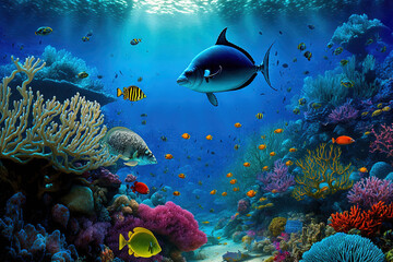 Fototapeta na wymiar Tropical marine life and a glimpse of the coral reef. Generative AI