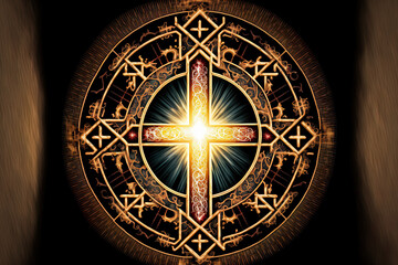 Fototapeta premium shining circle with a religious cross within. Generative AI