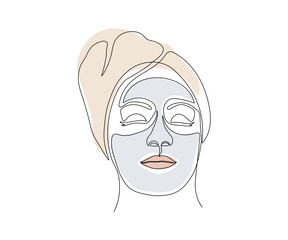 abstract portrait of a girl with a cream mask on her face, hand drawn, mono line, one line art. Logo of SPA salon, massage salon, beauty salon