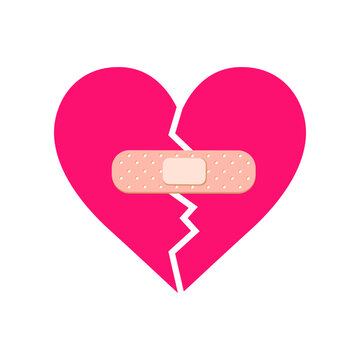 Cracked pink comic heart with band aid flat vector illustration. Cartoon drawing of broken heart with bandage on white background. Love, breakup, emotions concept