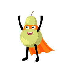 Cute superhero pear character illustration. Cartoon drawing of comic fruit with orange mask and cape with comic isolated on white background. Healthy food concept