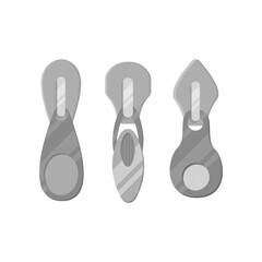 Modern silver zip sliders for clothes cartoon illustration. Silver zipper pullers with tassels for sportswear or leather backpacks. Fashion, metal accessories concept