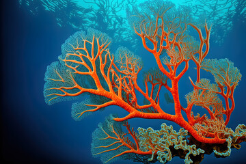 Fototapeta na wymiar Gorgonian big branching coral on the reef and ocean's marine life. Generative AI