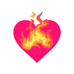 Burning pink comic heart flat vector illustration. Cartoon drawing of heart with fire or flames on white background. Love, passion, emotions concept