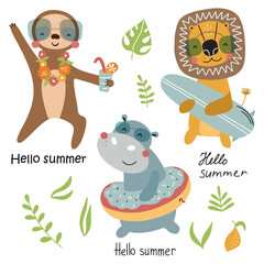 Set with cute animals: lion, sloth, hippopotamus and lettering. Hello summer. Vector illustration isolated on white background for your design
