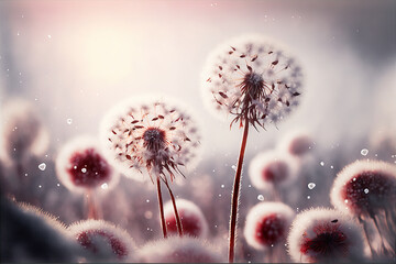 evening winter nature background, beautiful meadow dandelion flowers in field and snowfall. vintage filter effect.  Digital artwork