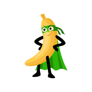 Cute superhero banana character cartoon illustration. Cartoon drawing of comic fruit with purple mask and cape with comic isolated on white background. Healthy food concept