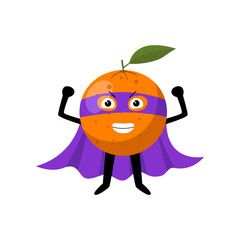 Cute superhero orange character cartoon illustration. Cartoon drawing of comic fruit with purple mask and cape with comic isolated on white background. Healthy food concept