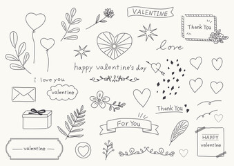 バレンタイン 手書きイラストセット　モノクロ