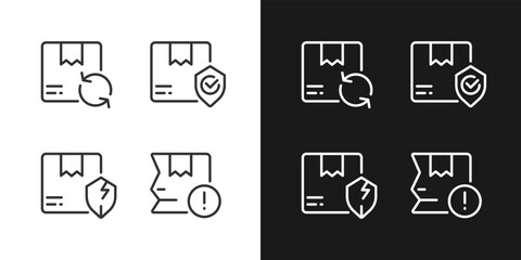 Delivery features and issues pixel perfect white linear icon for dark themes set for dark, light mode. Parcel damage. Thin line symbols for night, day theme. Isolated illustrations. Editable stroke