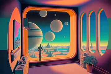 Fototapeta na wymiar Marvelous futuristic interior studio room with large window view outside of space and alien planets. Colorful retro stylized.