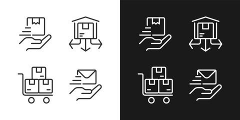 Shipping service pixel perfect white linear icon for dark themes set for dark, light mode. Delivery and distribution. Thin line symbols for night, day theme. Isolated illustrations. Editable stroke