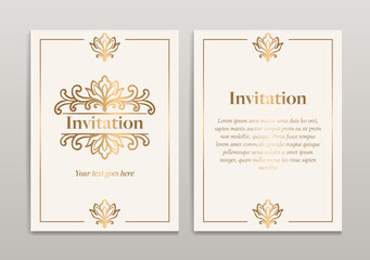 Gold and white luxury invitation card design with vector ornament pattern. Vintage template. Can be used for background and wallpaper. Elegant and classic vector elements great for decoration.