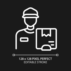Courier delivery pixel perfect white linear icon for dark theme. Deliver package door to door. Thin line illustration. Isolated symbol for night mode. Editable stroke. Arial font used