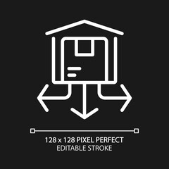 Distribution center pixel perfect white linear icon for dark theme. Warehouse with products. Storehouse. Thin line illustration. Isolated symbol for night mode. Editable stroke. Arial font used