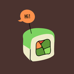 Cute illustration of rolls. Asian sushi cuisine on colored background