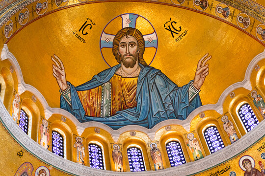Belgrade, Serbia - December 20, 2022: Icon of Jesus Christ in a mosaic inside the Temple of Saint Sava, serbian orthodox church in Belgrade, Serbia