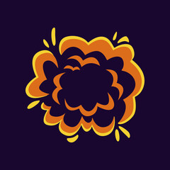 Cloud from explosion flat vector illustration. Cartoon drawing of smoke, boom or bang comic effect from crash, bomb, dynamite, explosives on purple background. Danger, destruction concept