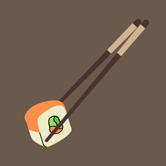 Cartoon illustration of rolls. Asian sushi cuisine with chopsticks