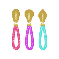 Modern golden and colorful zip sliders for clothes cartoon illustration. Golden zipper pullers with tassels for sportswear or leather backpacks. Fashion, metal accessories concept