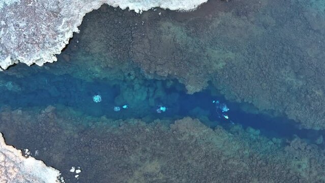 Diving Into The Crystal Blue Water Of Silfra Rift In Thingvellir National Park, South Iceland. Aerial Topdown