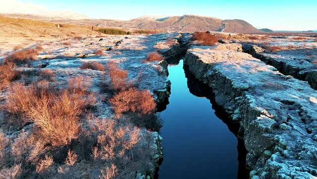 Glaciers Filled The Rift Between Tectonic Plates In Thingvellir National Park, South Iceland. Aerial Drone Shot