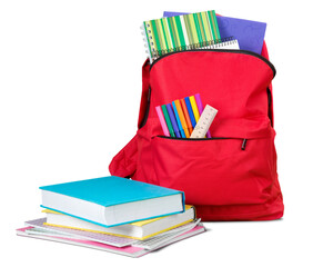 Colorful classic stylish school backpacks with book - obrazy, fototapety, plakaty