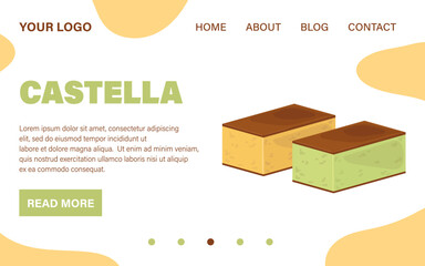 Vector two castella. Landing page web template. Website design. Asian dessert. Web site with japanese traditional yellow and green tea sponge cakes.