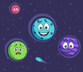 Funny planet characters in outer space vector illustration. Cartoon drawing of comic spheres, meteor flying towards planet. Space, astronomy, science, galaxy concept