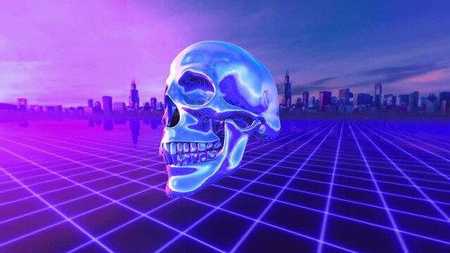 Seamless animation of metal skull with chrome reflections. Cool metallic Halloween background