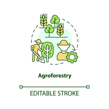 Agroforestry concept icon. Forest system. Regenerative agriculture technique abstract idea thin line illustration. Isolated outline drawing. Editable stroke. Arial, Myriad Pro-Bold fonts used
