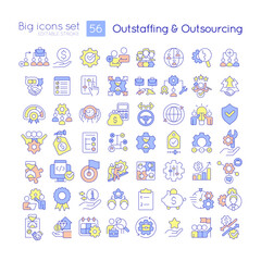 Outstaffing and outsourcing RGB color icons set. Hiring employees. Human resources. Isolated vector illustrations. Simple filled line drawings collection. Editable stroke. Quicksand-Light font used