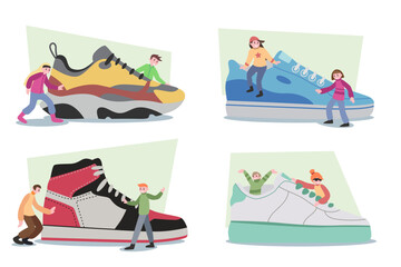 Tiny children with huge sports shoe vector illustrations set. Cartoon drawings of boys and girls with giant sneakers on white background. Fashion, footwear concept