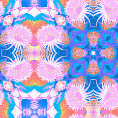Fototapeta na wymiar Washed Red Blue blur white vibrant watercolor batik azulejos tile background. Seamless coastal linen effect geometric mosaic effect. Boho Patchwork nautical masculine all over summer fashion repeat.