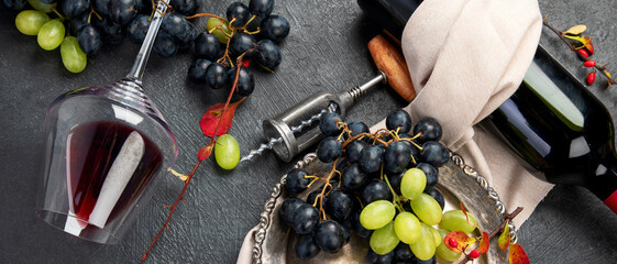 Bottle of red wine with a corkscrew. On a dark background.