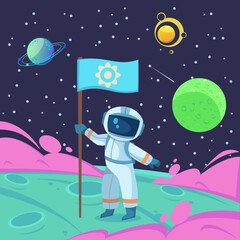 Astronaut putting flag on moon vector illustration. Cartoon drawing of person in spacesuit discovering planet. Space, astronomy, achievement, science, discovery concept © PCH.Vector