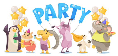 Happy wild animal characters at party vector illustration. Cartoon drawings of comic mammals celebrating event together on white background. Celebration, wildlife, birthday, holiday concept