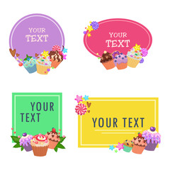 Invitations or card with cupcakes vector illustrations set. Cartoon drawings of labels or badges with text and muffins on white background. Desserts, decoration, advertising concept