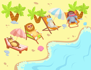 Wild animal characters sunbathing on beach vector illustration. Cartoon drawing of comic deer, lion, bunny, hedgehog on chairs near sea or ocean. Vacation, summer, recreation, wildlife concept